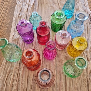 COLORED GLASS BUD Vase Bottle Red Orange Hot Pink Blush Pink Aqua Blue Cobalt Blue Olive Green Light Green Turquoise Yellow Purple Boho