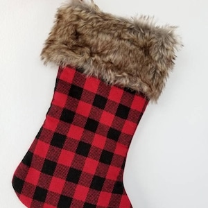 Sale PERSONALIZED BUFFALO CHECK Fur Stocking Red Black Plaid Checkered Christmas Lumberjack Holiday Rustic Woodland Brown Faux Fur Boyfriend
