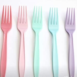 May include: Five plastic forks in different pastel colors: pink, light pink, light blue, blue, and purple.