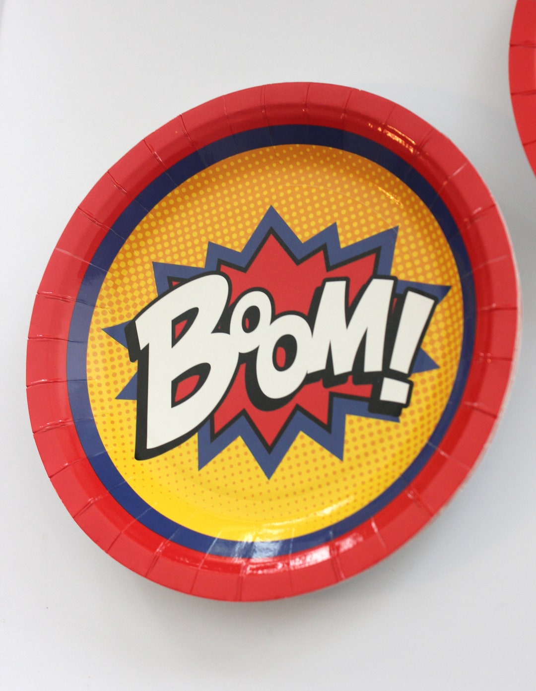 Sale 4ct SUPERHERO PARTY PLATES Boom Snack Birthday Small Dessert Cake Plates Super Hero Theme