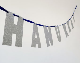 HAPPY HANUKKAH BANNER Silver Glitter Garland Sign Glittered Sparkle Chanukkah Holiday Decor Bunting Jewish Holidays Mantle Decoration Decor