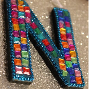 Sale MONOGRAM ORNAMENT Jeweled Rainbow Bohemian Monogrammed Letter Christmas Ornaments Boho Blue Sequined Initial Gift Tag Personalized