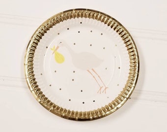 7ct BABY STORK Paper Plates Gold Polka Dot Cake Plates Baby Shower Whimsical Its a Girl Its a Boy Theme Cute Bundle of Joy Baby Tableware