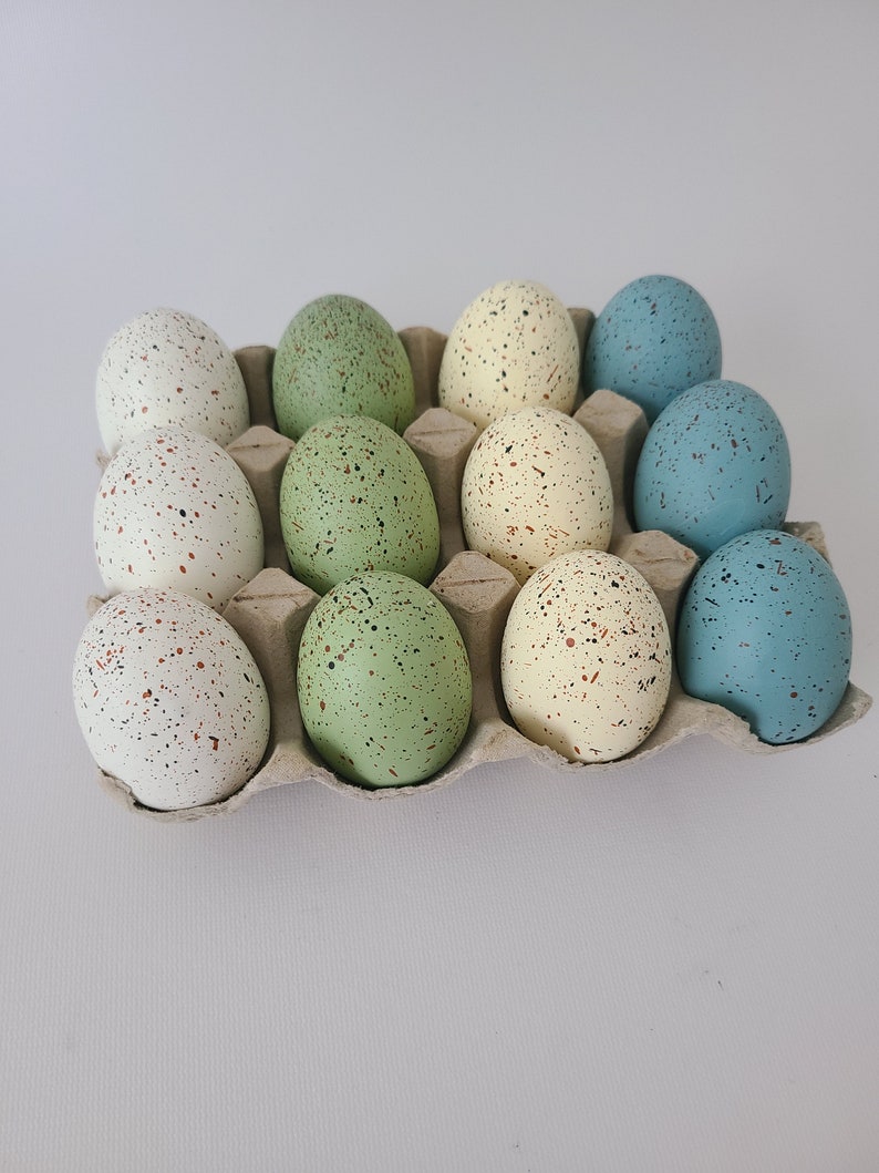 12 RUSTIC SPECKLED Faux Easter Eggs Dusty Blue Sage Light Green White Cream Ivory Party Decor Filler Decorative Egg Modern Chic Centerpiece image 3