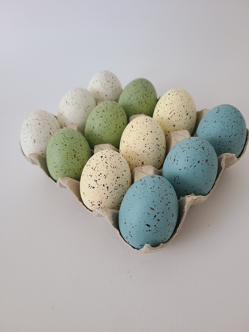 12 RUSTIC SPECKLED Faux Easter Eggs Dusty Blue Sage Light Green White Cream Ivory Party Decor Filler Decorative Egg Modern Chic Centerpiece image 1