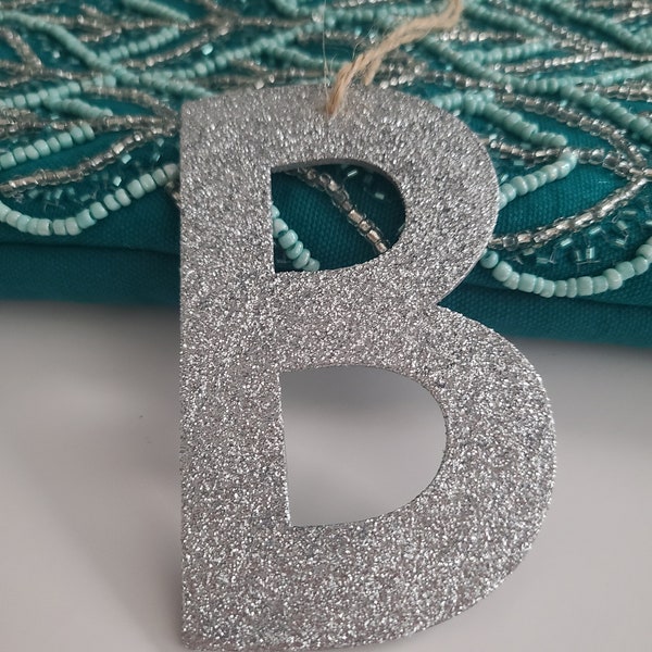 Sale GLITTER LETTER MONOGRAM Ornament Silver Glitter Personalized Sparkle Initial Name Glam Chic Christmas Decor Gift Tag Letter 4"