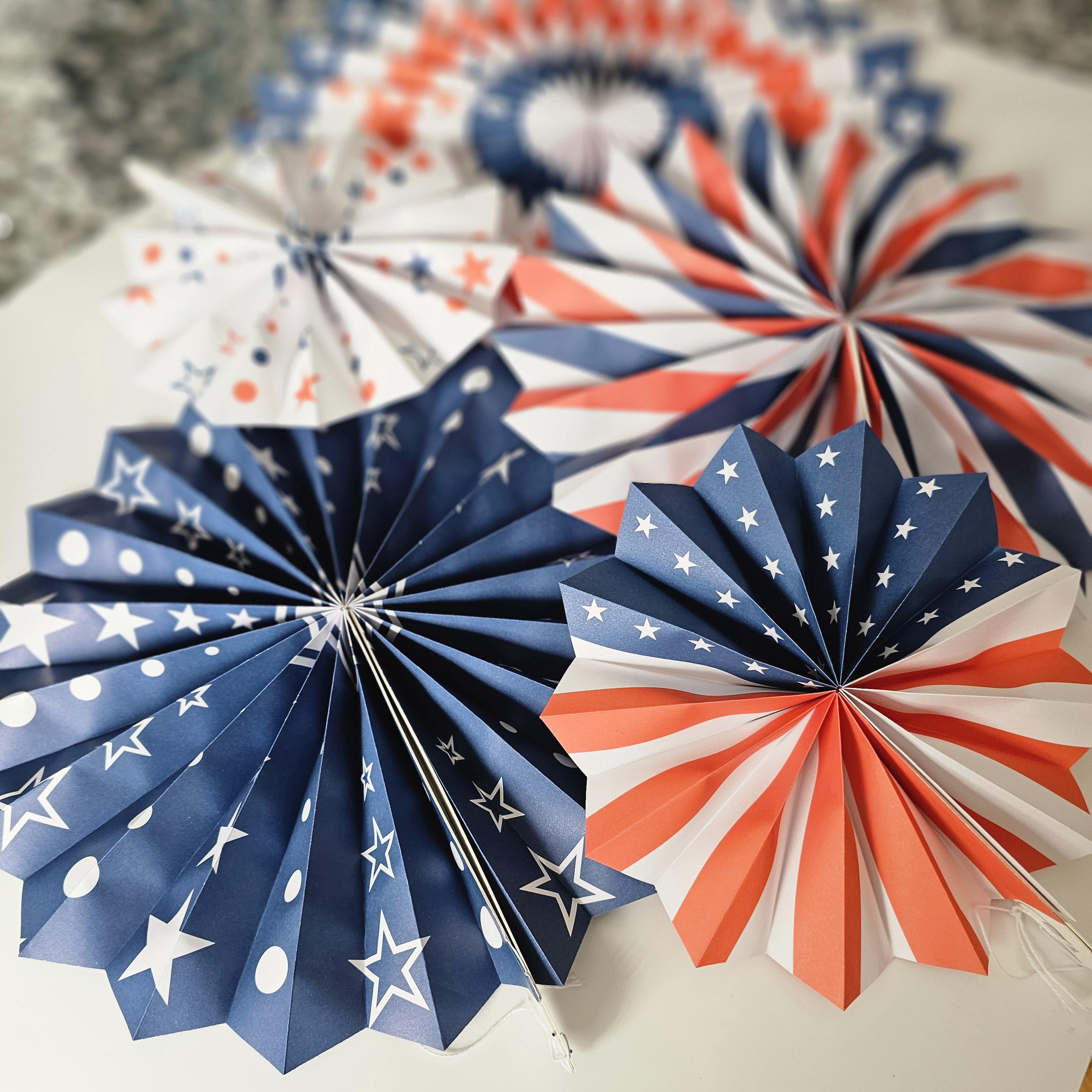 Sale Set 12 RED WHITE & BLUE Paper Fans Pinwheels Labor Day Americana