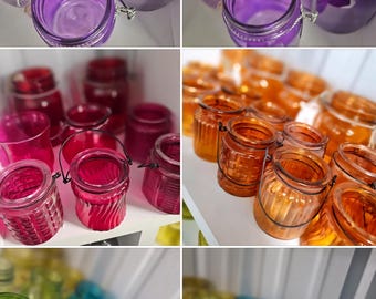 CLEARANCE SALE COLORED Glass Jar Vase Purple Pink Orange Green Blue Mason Jar Candle Lantern Glassware Rainbow Tint Imperfection Final Sale