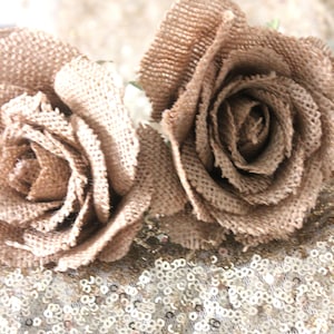May include: Two brown burlap fabric roses on a sparkly gold background.