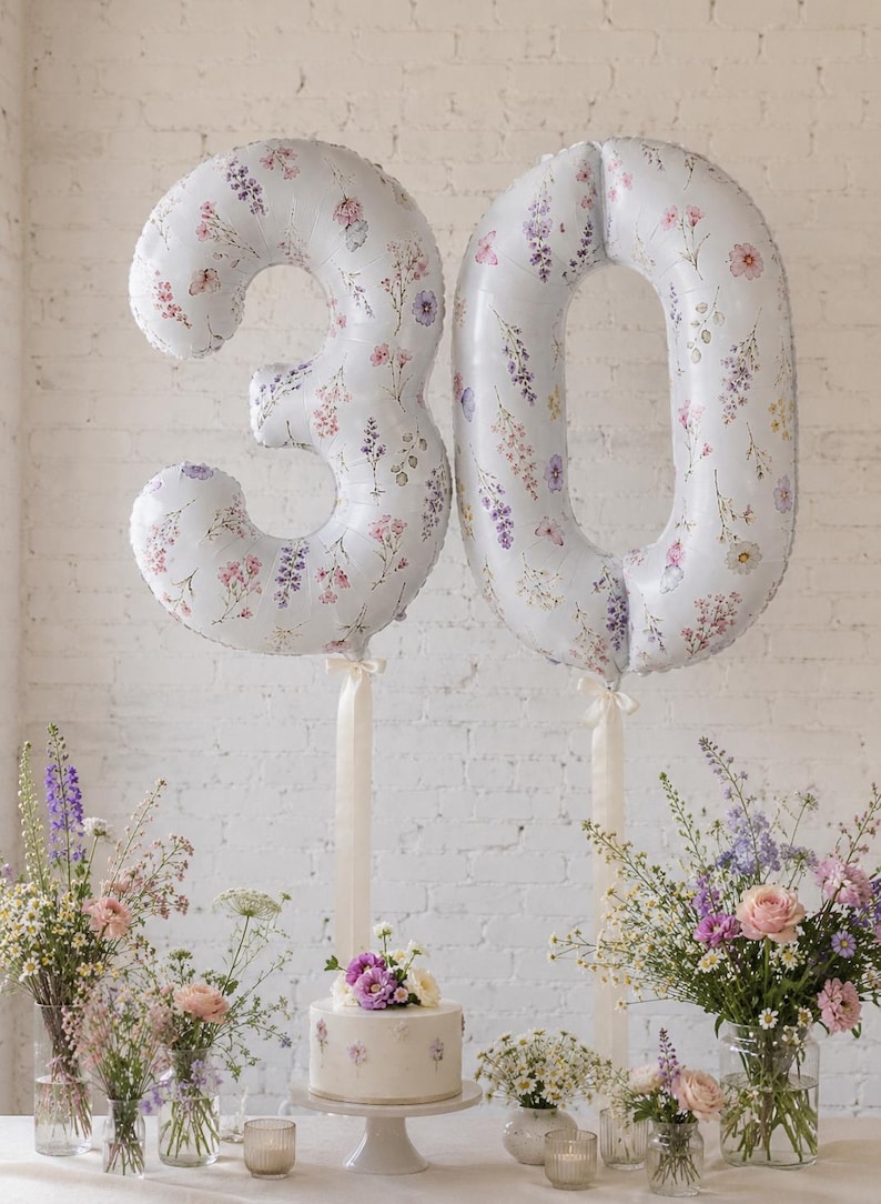 FLORAL NUMBER BALLOON Birthday Balloons Flowers White Light Purple Pink
