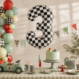 BLACK WHITE NUMBER Balloon Checkered Checkers Plaid Gingham Racecar Cars Speed 1st Birthday Decor Gift Unique Party Decorations Two Fast