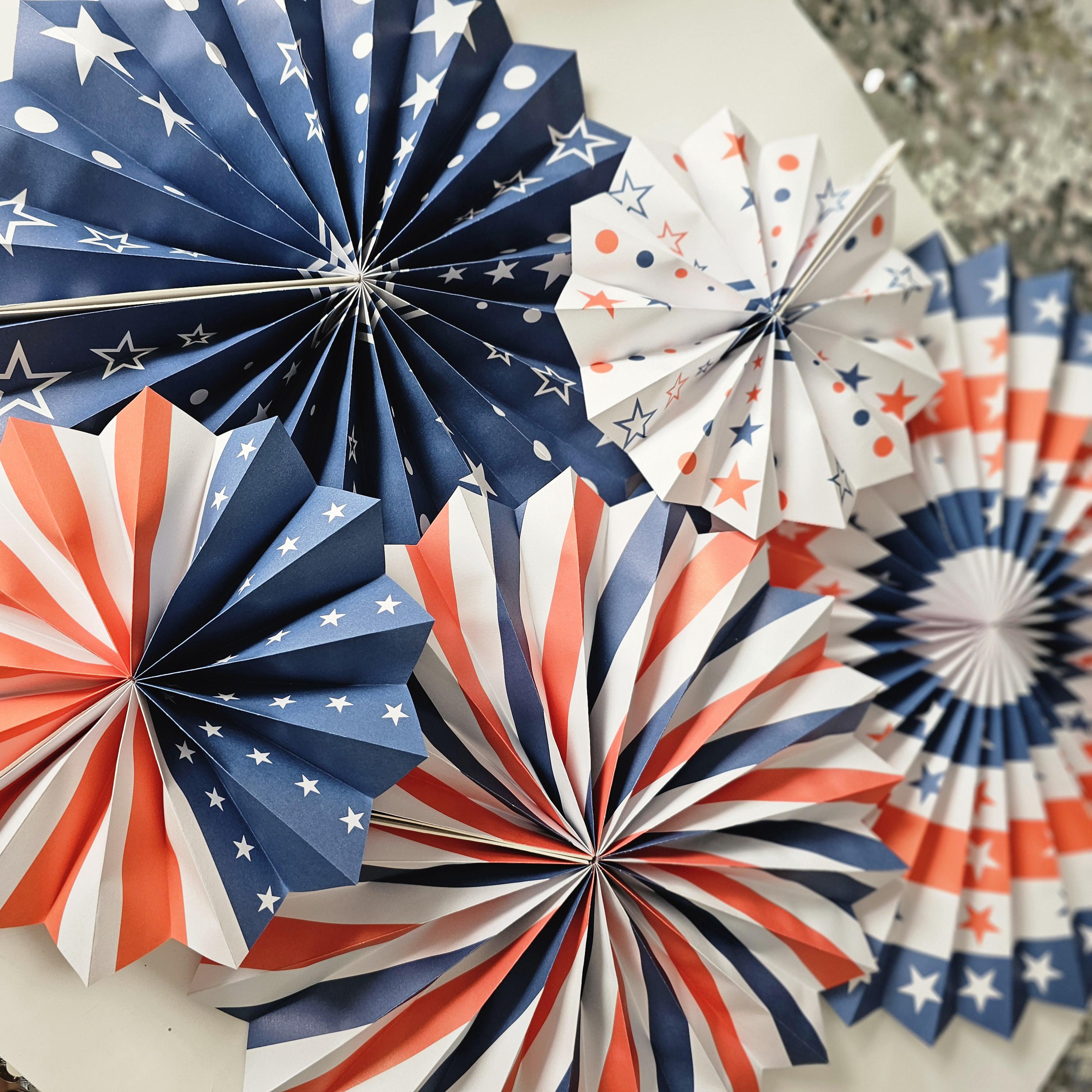 Sale Set 12 RED WHITE & BLUE Paper Fans Pinwheels Labor Day Americana