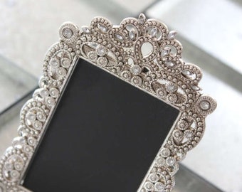 Sale Vintage Style JEWELED RHINESTONE FRAME Small Picture Photo Baroque Victorian Gatsby Silver Chalkboard Table Number Ornate Wedding