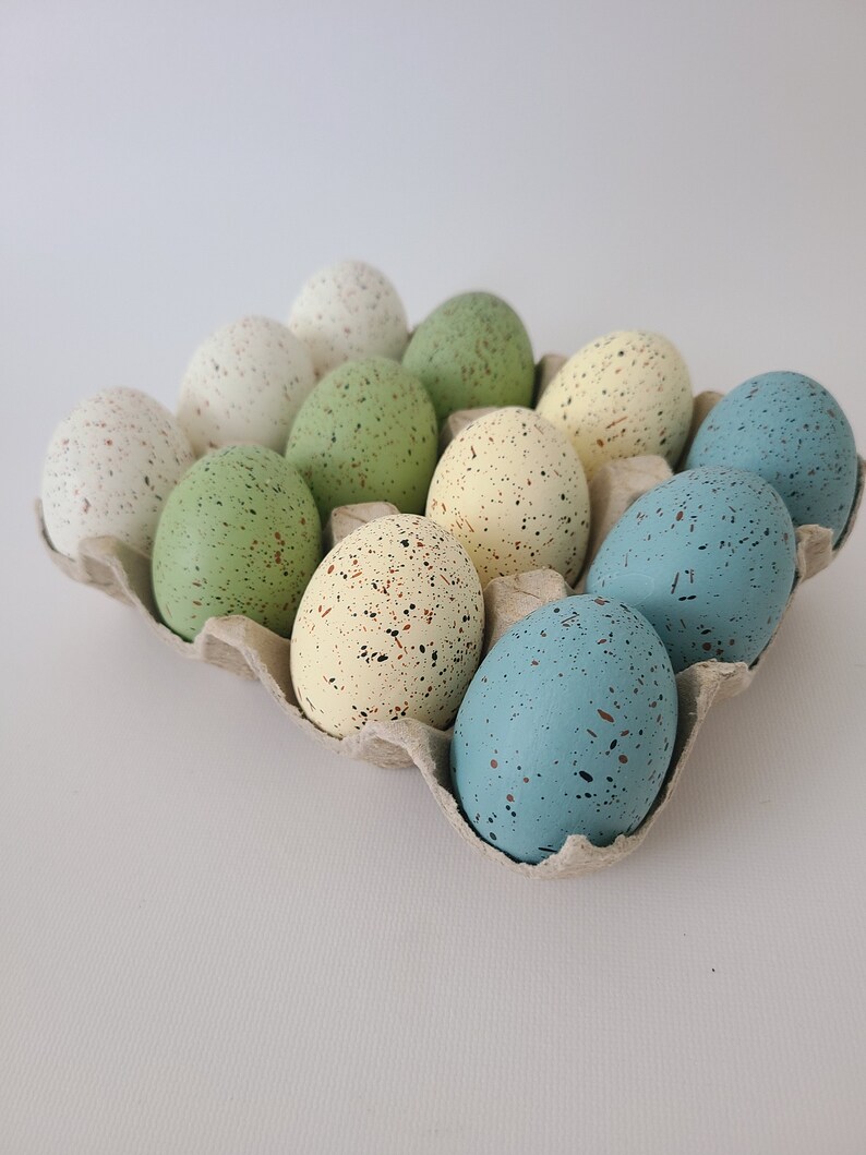 12 RUSTIC SPECKLED Faux Easter Eggs Dusty Blue Sage Light Green White Cream Ivory Party Decor Filler Decorative Egg Modern Chic Centerpiece image 2