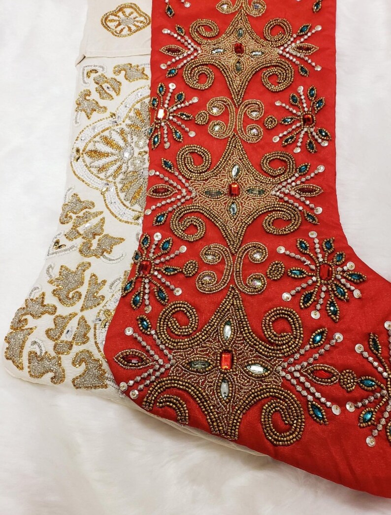 Sale GOLD RED BEADED Stocking Personalized Sari Jeweled Sequined Embroidered Christmas Holiday Indian Unique Floral Boho Bohemian Stones