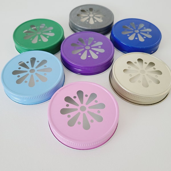 DAISY LID Mason Jar Metal Lid Closure Floral Flower Cut Jar Lids Drinking Lids Decorative Straw Lids Birthday Party Green Pink Blue Purple