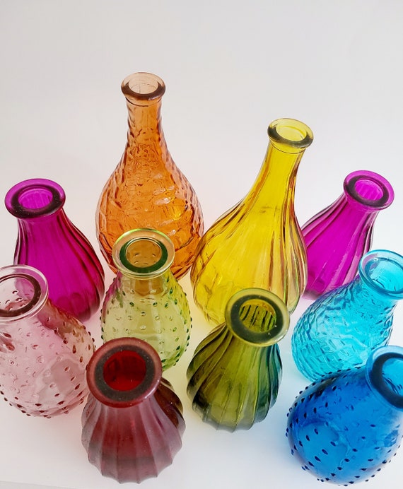 COLORED GLASS BUD Vase Bottle Red Orange Hot Pink Blush Pink Aqua Blue Cobalt Blue Olive Green Light Green Turquoise Yellow Golden Purple