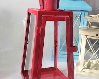 RED NAUTICAL LANTERN Rustic Beach Lantern Nautical Decor Beach House Candle Lantern Metal Candle Holder Beach Decor Retro Vintage Style