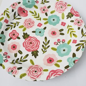Sale 10 SUMMER FLORAL Paper Plates Scallop Tropical Luau Shabby Chic Garden Tea Party Time Spring Florals Mint Green Pink Aqua Greenery