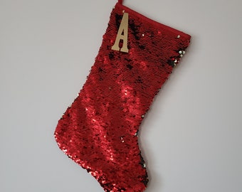 Sale RED and GOLD SEQUIN Stocking Personalized Mermaid Sequin Reversible Sequined Glam Christmas Holiday Sparkle Sparkly Sequins Fabric