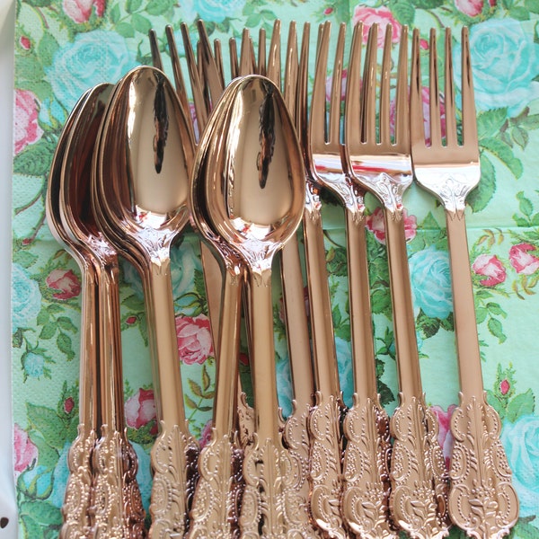 Sale FAUX ROSE GOLD Cutlery Set 30pc- Spoon Fork Knife- Tableware Rose Gold Vintage Style Wedding Shower Tea Party Shabby Chic Floral Copper