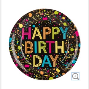 May include: Black paper party plates with a neon green, pink, yellow, and blue "Happy Birthday" message on a black background with colorful paint splatters.