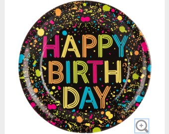Sale NEON PAPER PLATES 10ct Happy Birthday Glow Dark Party Art Hot Pink Neon Pink Disco 70s 80s 90s Retro Dance Paint Party Tableware 10"