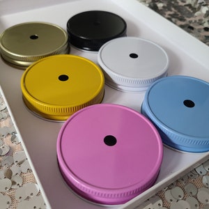 DRINKING STRAW LID Mason Jar Metal Lid Closure Floral Cut Jar Lids Drinking Lids Decorative Straw Lids Party Gold Pink White Black Yellow