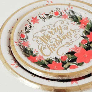 Sale 8ct MERRY CHRISTMAS Paper Plates Small Dessert Appetizer Holiday Party Holly Poinsettia Script Christmas Party Decorations Gold Foil
