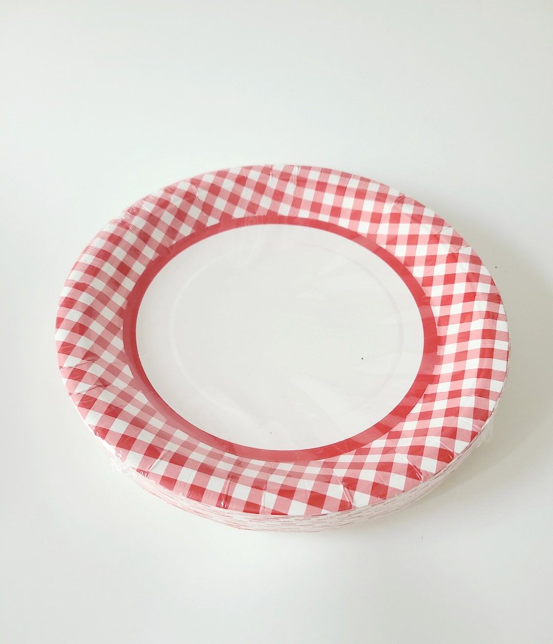 24 RED & WHITE GINGHAM Paper Plates Checkered Plaid Checkers Buffalo
