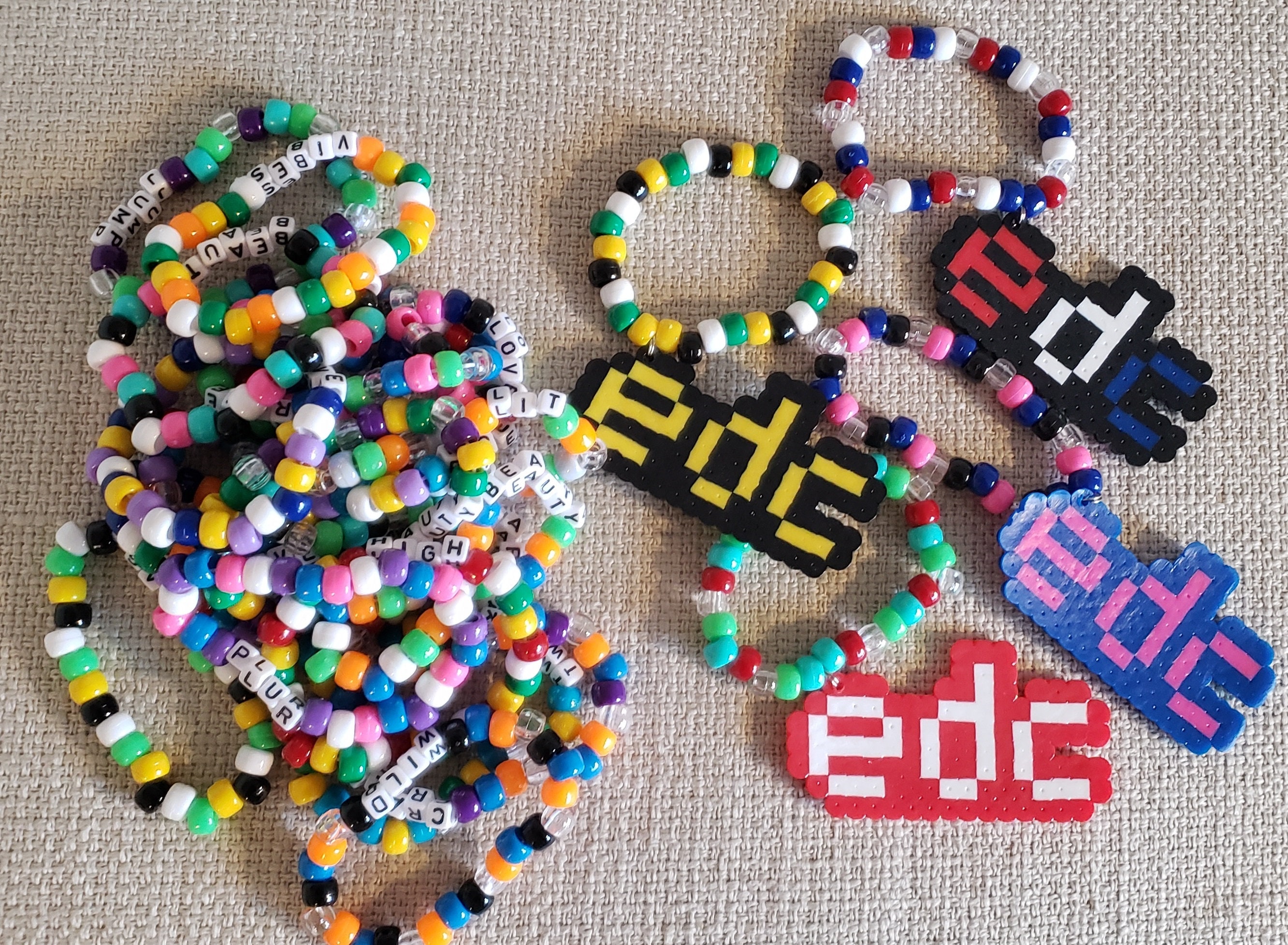 EDC Raver Kandi Bracelet Kit Combo 10 Worded Kandi and 3 Perler