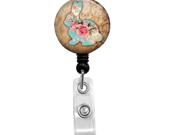 Bunny Rabbit (12 Choices) Badge Reel, ID Badge Holder, Medical Badge Reel, Animal, Shabby Chic flowers, Belt or Alligator clip