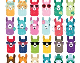 Llama Clipart- Llamas Planner Clip Art- Llama of the Month Heads- Yearly Holiday Season Lama Digital Printable Life Sticker Instant Download