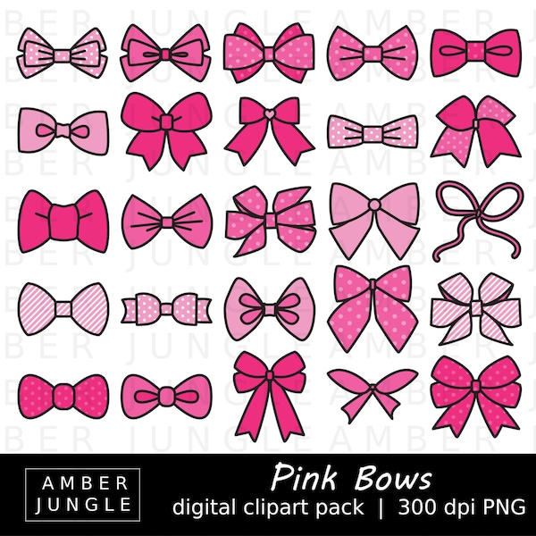 Pink Bows Clipart - 35 Bow Images - Instant Download - Bow Clip Art, Hair Ribbons Bow Ties Bowties for Weddings Scrapbooking Baby Showers