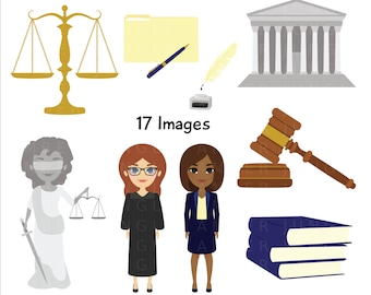 May include: A digital clipart pack of 17 images related to the law, including a gavel, scales of justice, a courthouse, a judge, and a lawyer. The images are in a cartoon style and are perfect for use in educational materials, presentations, or creative projects.