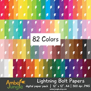 May include: A digital paper pack with 82 different colored backgrounds featuring a white lightning bolt pattern. The pack includes 12" x 12" digital papers in 300 dpi PNG format. The text "82 Colors" and "Lightning Bolt Papers" is included in the image.