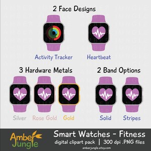 May include: Digital clipart pack of smart watches with different face designs, hardware metals, and band options. The watches have a purple band and a purple face with a heartbeat or activity tracker design. The metal options are silver, rose gold, and gold. The band options are solid and stripes.