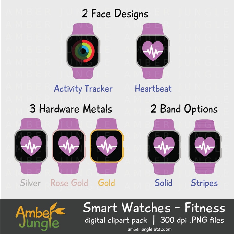 May include: Digital clipart pack of smart watches with different face designs, hardware metals, and band options. The watches have a purple band and a purple face with a heartbeat or activity tracker design. The metal options are silver, rose gold, and gold. The band options are solid and stripes.