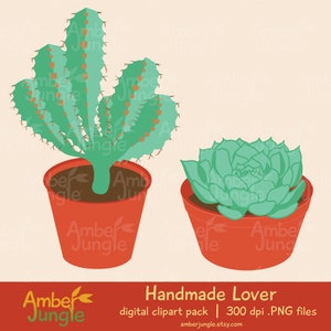 May include: Two potted plants, a green cactus with brown accents and a green succulent, both in red pots with brown soil. The image is labeled "Handmade Lover" and "digital clipart pack | 300 dpi .PNG files".