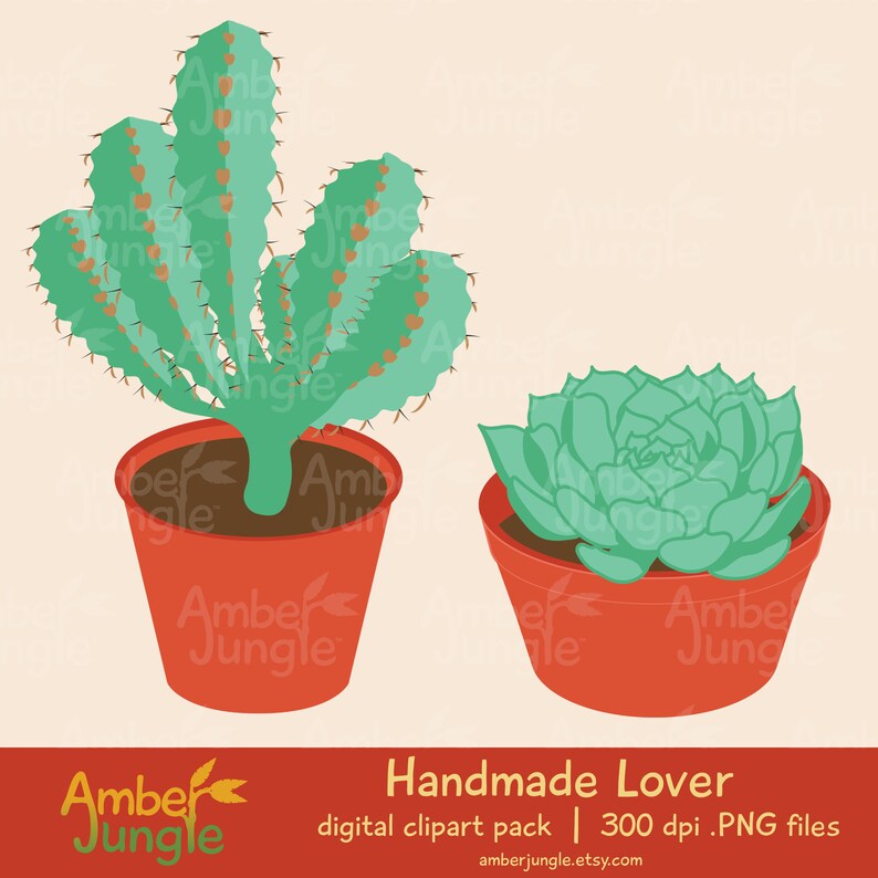 May include: Two potted plants, a green cactus with brown accents and a green succulent, both in red pots with brown soil. The image is labeled "Handmade Lover" and "digital clipart pack | 300 dpi .PNG files".