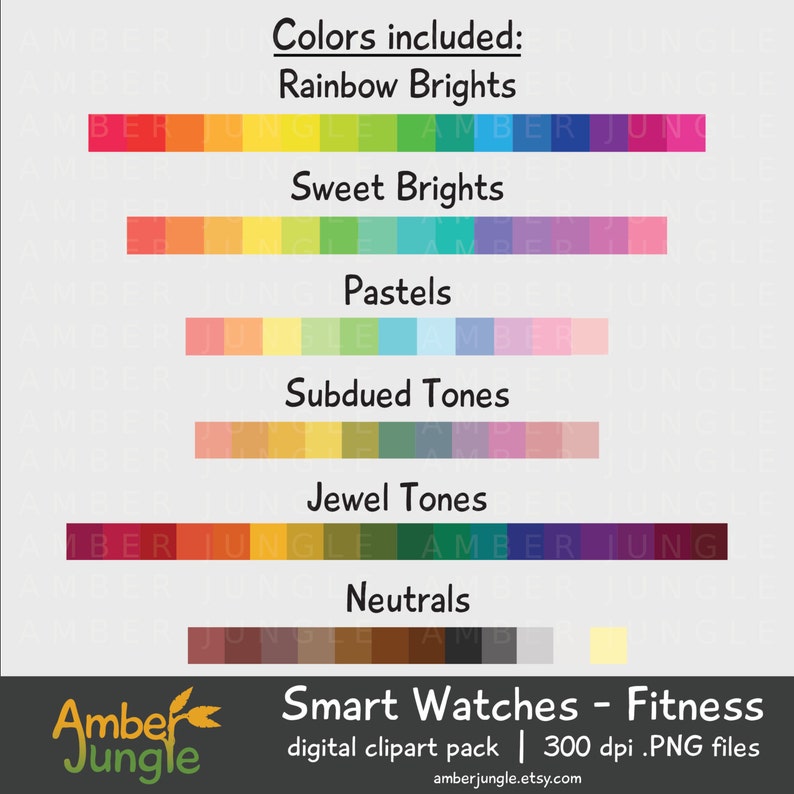 May include: A digital clipart pack of smart watches with different colored bands. The colors included are rainbow brights, sweet brights, pastels, subdued tones, jewel tones, and neutrals. The clipart pack is 300 dpi and includes PNG files.