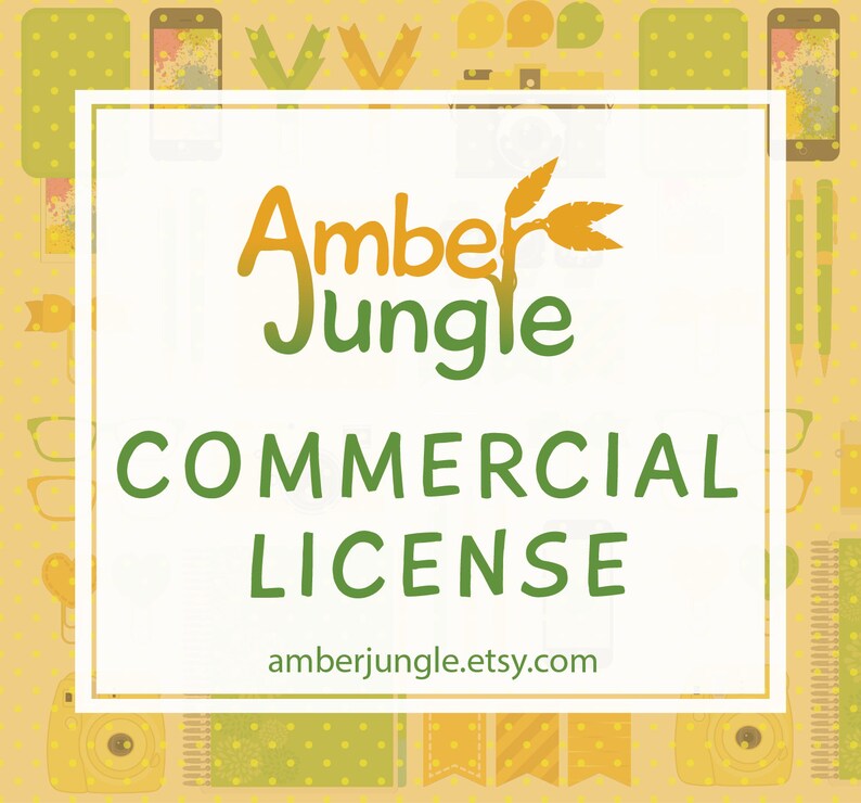 May include: A white square with rounded corners, featuring the text "Amber Jungle" in green and orange lettering, with a stylized green leaf design. The text "COMMERCIAL LICENSE" is in green lettering below the logo. The text "amberjungle.etsy.com" is in black lettering at the bottom of the square.