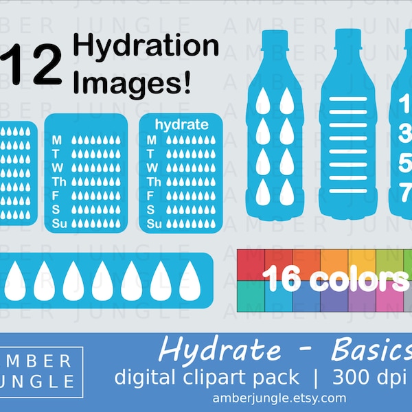 Hydration Clipart Basics - Instant Download! Hydrate Printable Clip Art Kit for Planner Stickers Supplies: Daily Weekly Tracker Water Bottle