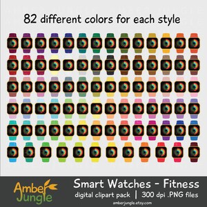 May include: 82 different colored smart watch icons with a fitness tracker design. The icons are in a grid pattern and are 300 dpi PNG files.