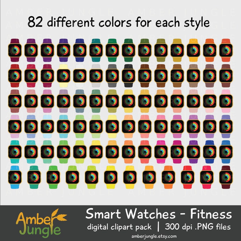 May include: 82 different colored smart watch icons with a fitness tracker design. The icons are in a grid pattern and are 300 dpi PNG files.