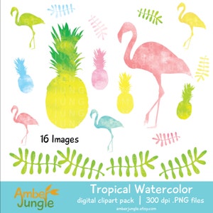 Tropical Watercolor Clipart- Flamingo Pineapple Clip Art- Watercolor Planner Sticker Clipart Scrapbook Digital Printable Instant Download EC