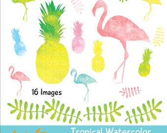 Tropical Watercolor Clipart- Flamingo Pineapple Clip Art- Watercolor Planner Sticker Clipart Scrapbook Digital Printable Instant Download EC