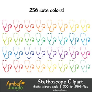 May include: A set of 256 colorful stethoscope clipart images. The stethoscopes are in a rainbow gradient of colors. The text "256 cute colors!" is at the top of the image. The text "Stethoscope Clipart" is at the bottom of the image. The text "digital clipart pack | 300 dpi .PNG files" is below the title. The text "amberjungle.com" is at the bottom of the image.