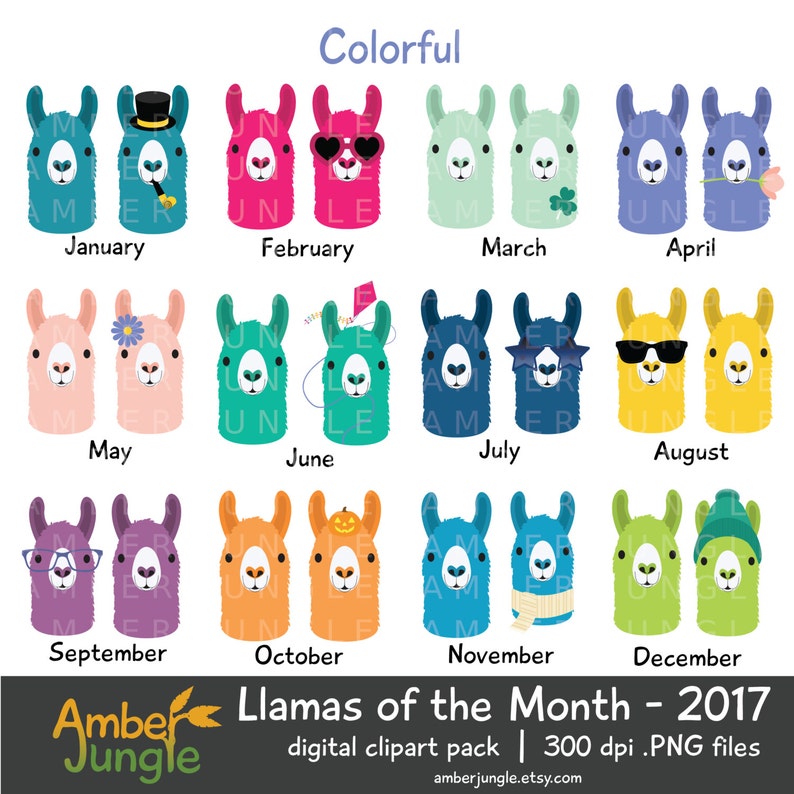May include: A set of 12 colorful llama illustrations, each representing a different month of the year. The llamas are depicted with various accessories and details, such as hats, sunglasses, flowers, and pumpkins, to reflect the seasonality of each month. The text "Llamas of the Month - 2017" is displayed at the bottom of the image.