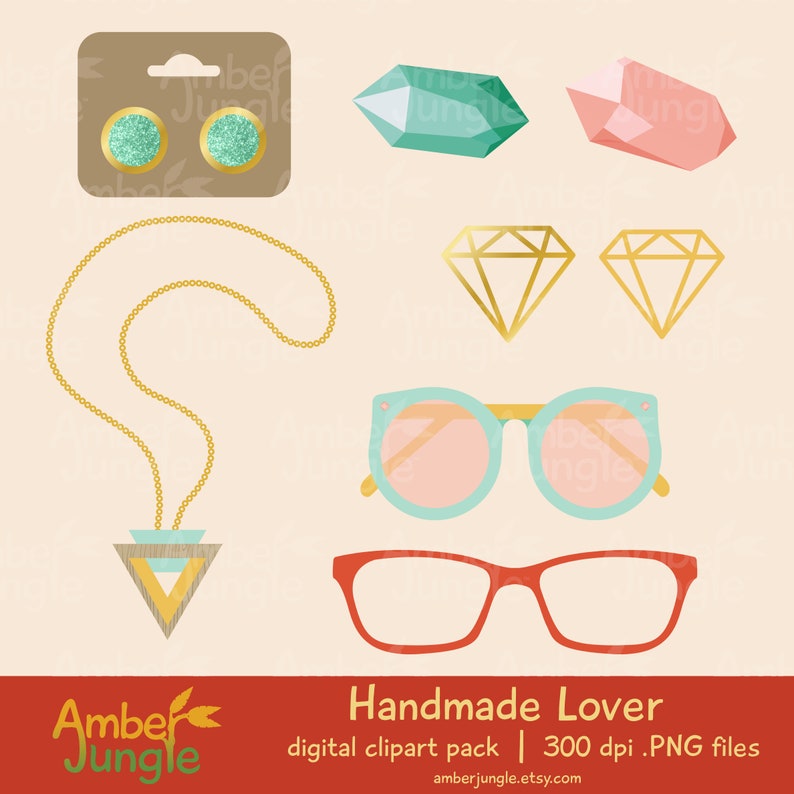 May include: A digital clipart pack of handmade jewelry and accessories. The pack includes a gold necklace with a geometric pendant, a pair of turquoise earrings, two gold diamond shapes, two pairs of sunglasses, and two crystal shapes. The clipart is 300 dpi and in PNG format.